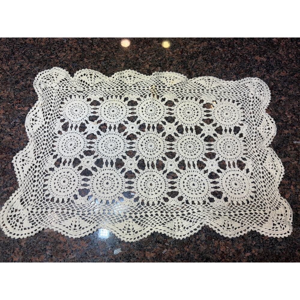 Vintage Handmade Crochet Rectangle Doily Cream 17"x 12"